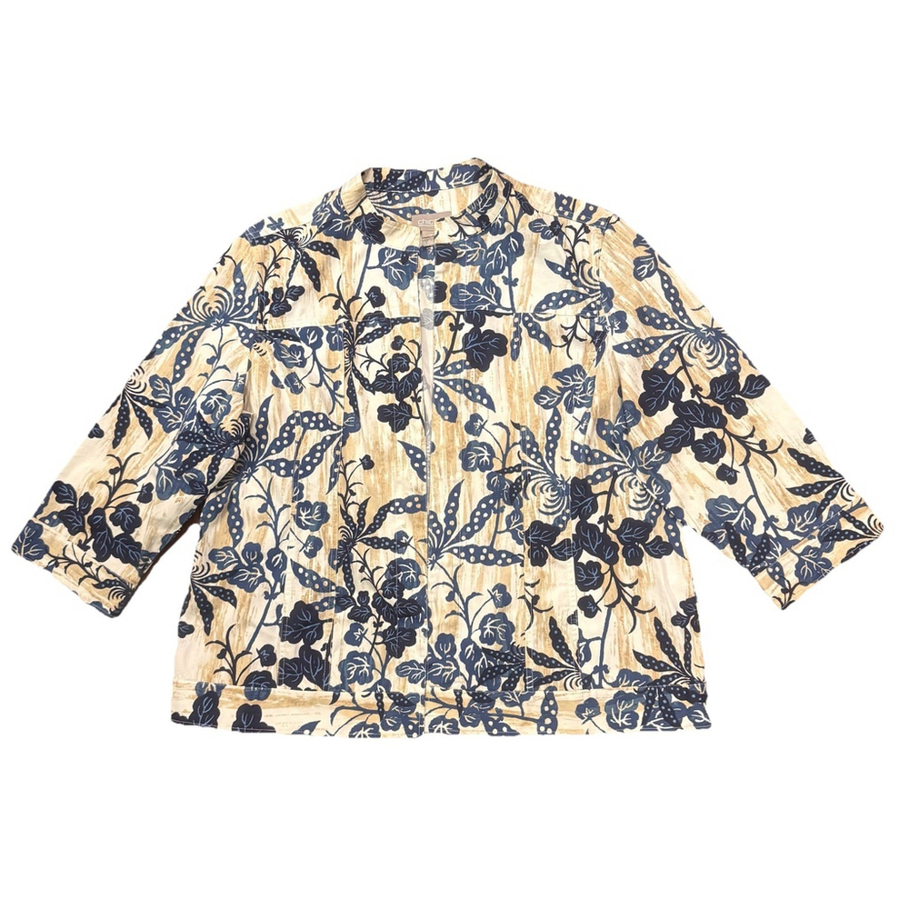 Chico’s Beige Blue Hawaiian Floral Print Jacket Size:3/XL Open Front Cotton